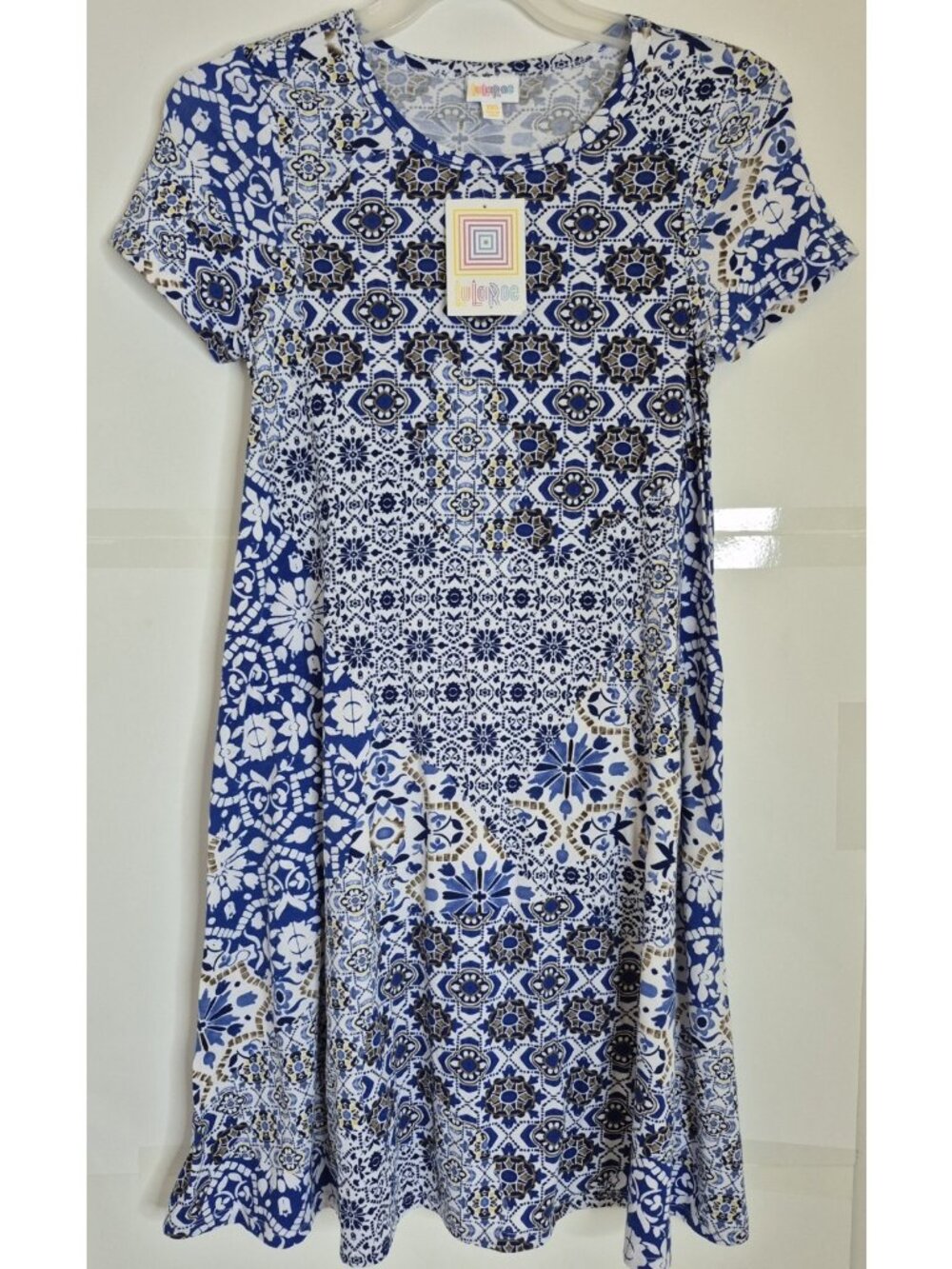 NWT LULAROE Blue Geometric Short Sleeve Jessie Dress Women's Size XXS